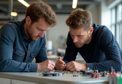 Jovens engenheiros discutindo reparos sobre peças eletrônicas